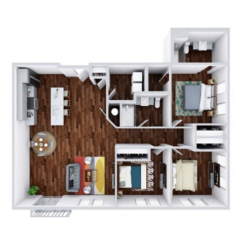 A top down view of a small apartment with a kitchen, living room, and bathroom.